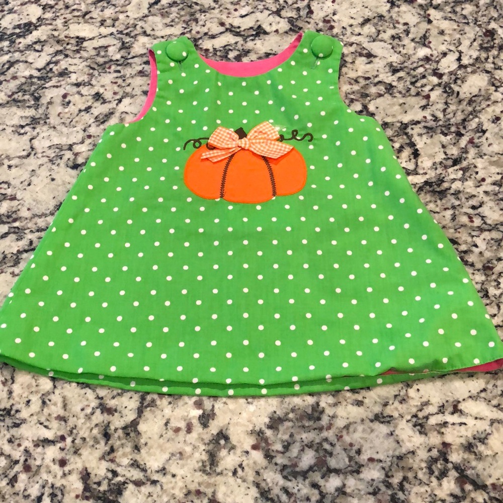 Kelly’s Kids pumpkin/castle reversible dress, 18M